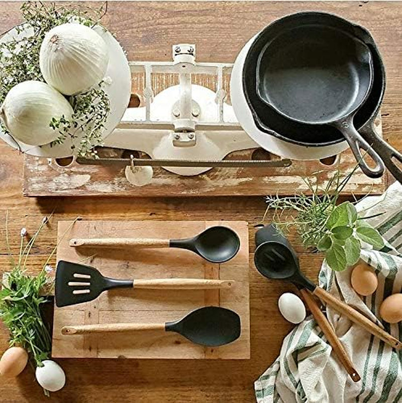 Kitchen Utensils Set, Silicone Cooking Utensils Set,Non-Stick Silicone Spatula Set with Natural Acacia Hard Wood Handle, 5 Piece, Upgraded Thickened Cookware