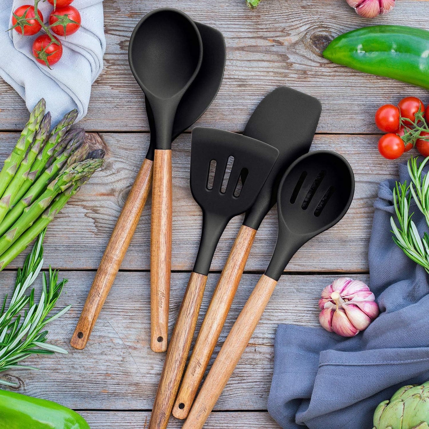 Kitchen Utensils Set, Silicone Cooking Utensils Set,Non-Stick Silicone Spatula Set with Natural Acacia Hard Wood Handle, 5 Piece, Upgraded Thickened Cookware