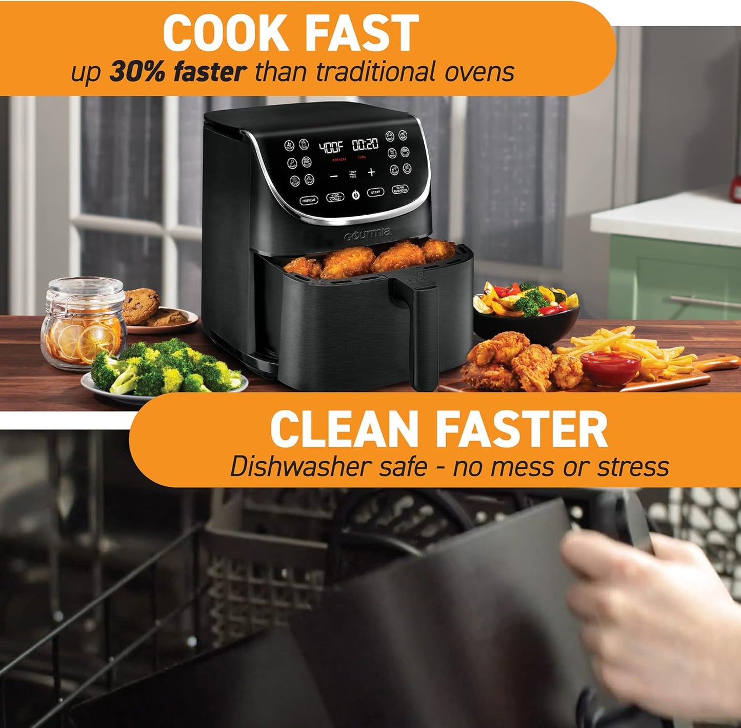 Air Fryer Oven Digital Display 7 Quart Large Airfryer Cooker 12 Touch Cooking Presets, XL Air Fryer Basket 1700W Power Multifunction GAF716 Black and Stainless Steel Accents FRY FORCE 360°