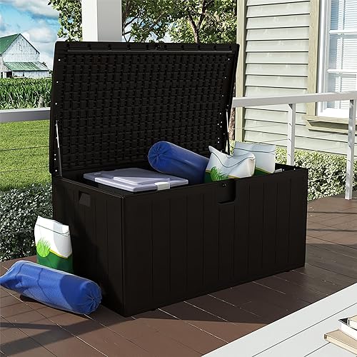Cosco 130 Gallon Durable Resin Deck Box with Gas Shocks and Adjustable Divider