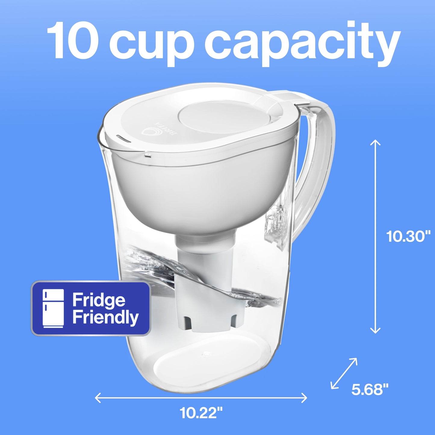 Large 10 Cup White Tahoe Water Filter Pitcher with 1 Standard Filter, Made without BPA