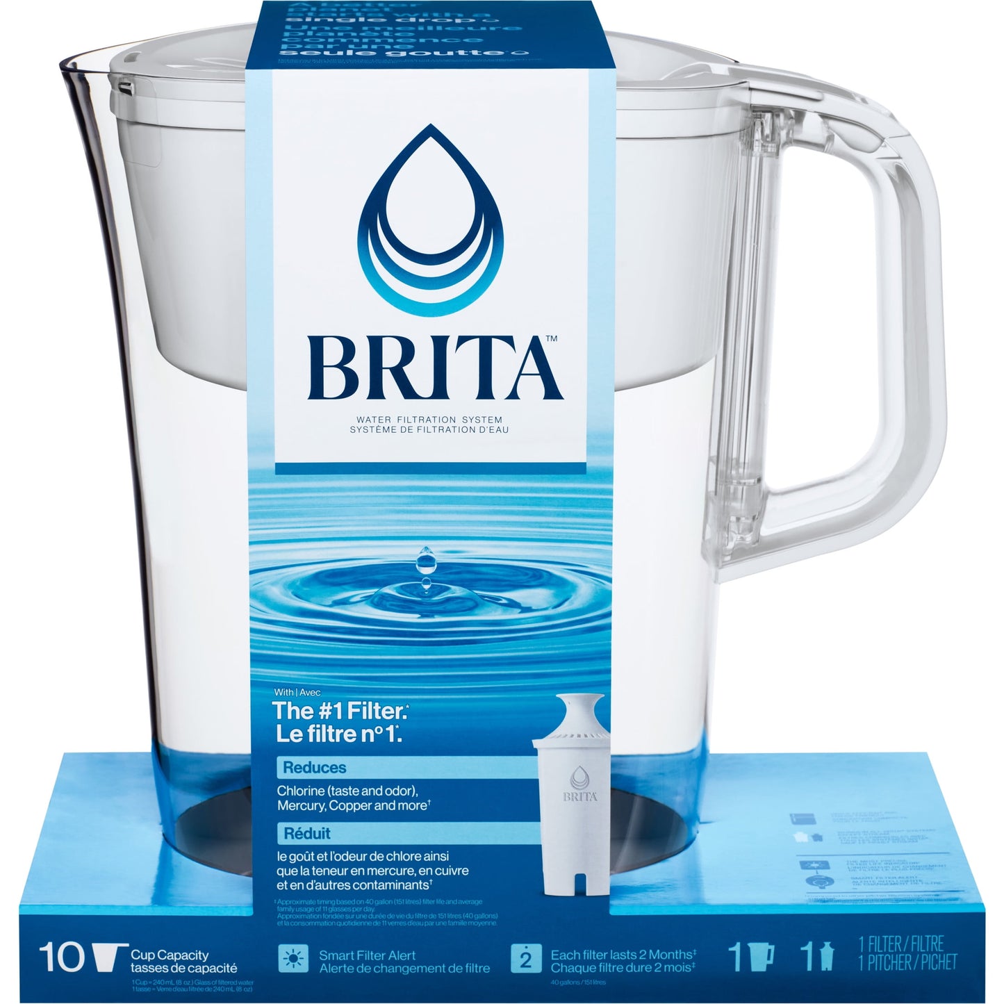 Large 10 Cup White Tahoe Water Filter Pitcher with 1 Standard Filter, Made without BPA