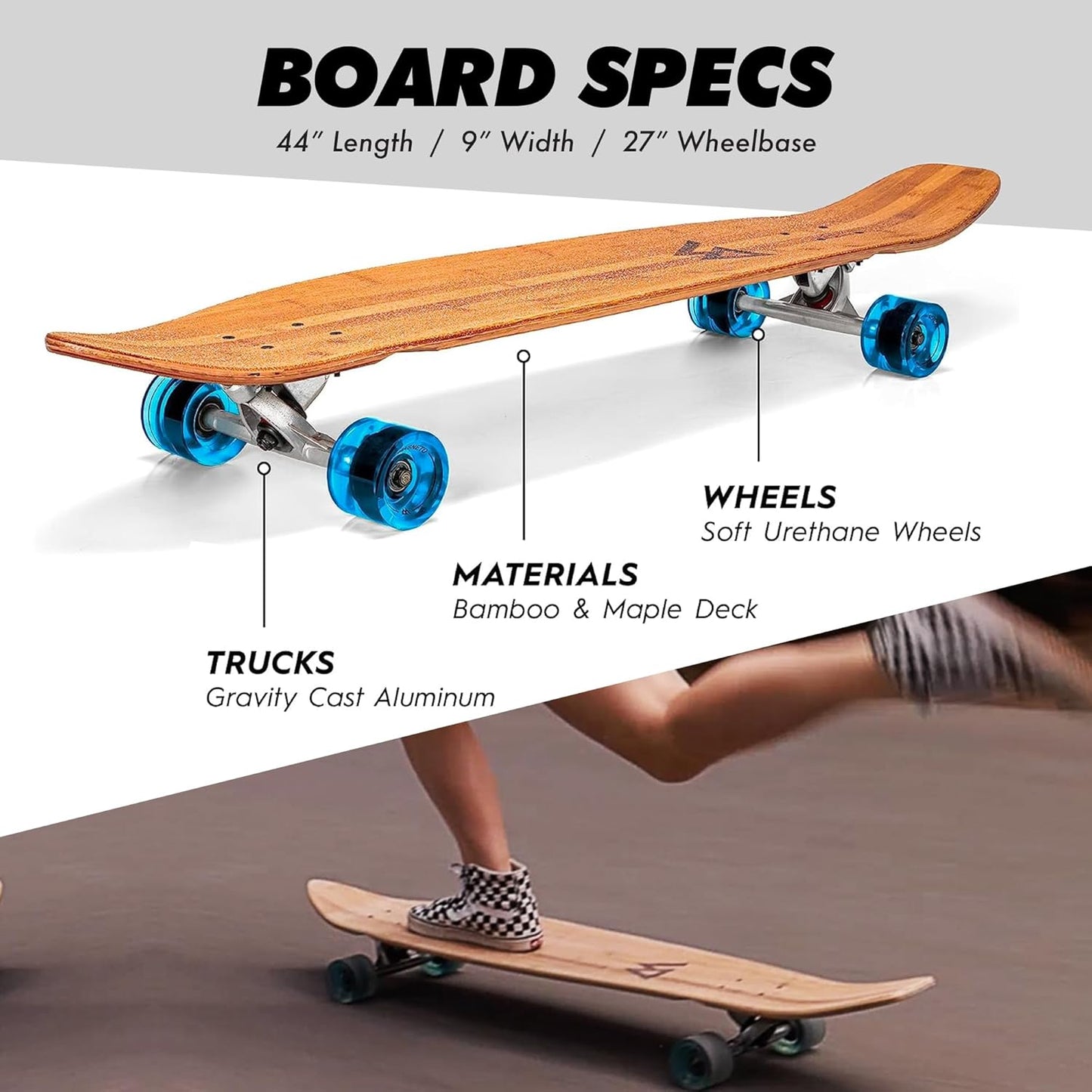 44 Inch Kicktail Cruiser Longboard Skateboard | Bamboo and Hard Maple Deck | Made for Adults, Teens, and Kids
