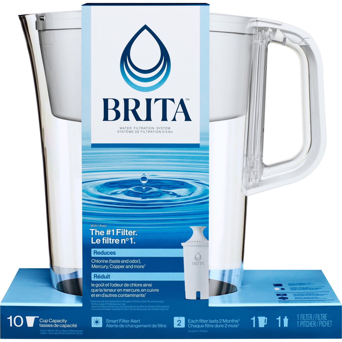 Large 10 Cup White Tahoe Water Filter Pitcher with 1 Standard Filter, Made without BPA