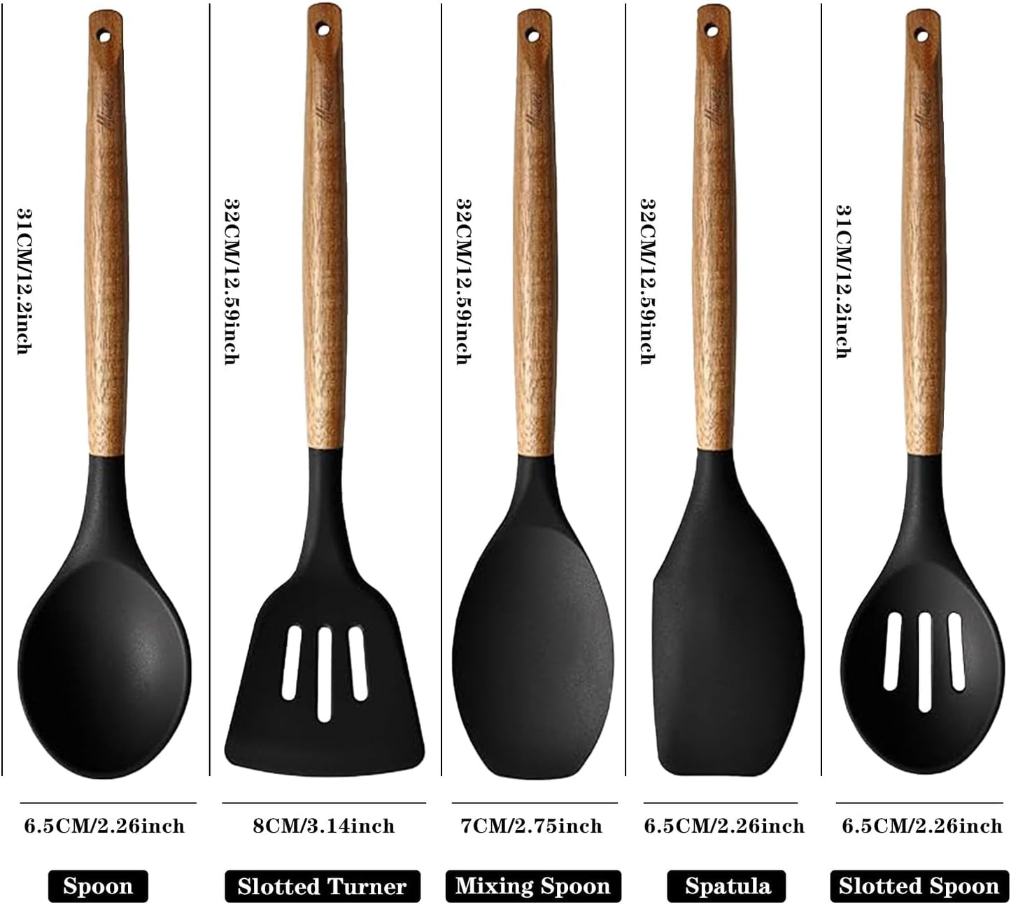 Kitchen Utensils Set, Silicone Cooking Utensils Set,Non-Stick Silicone Spatula Set with Natural Acacia Hard Wood Handle, 5 Piece, Upgraded Thickened Cookware