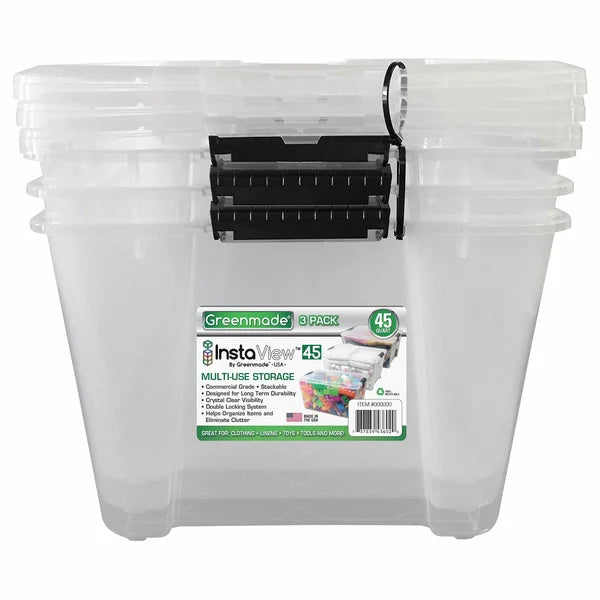 Greenmade InstaView 45 Multi-Use Storage Bin, 45 Quart, Clear, 3 ct