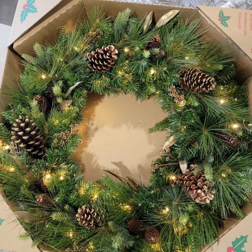 32" PRE-LIT MIXED GREENERY WREATH WITH GOLD LEAVES