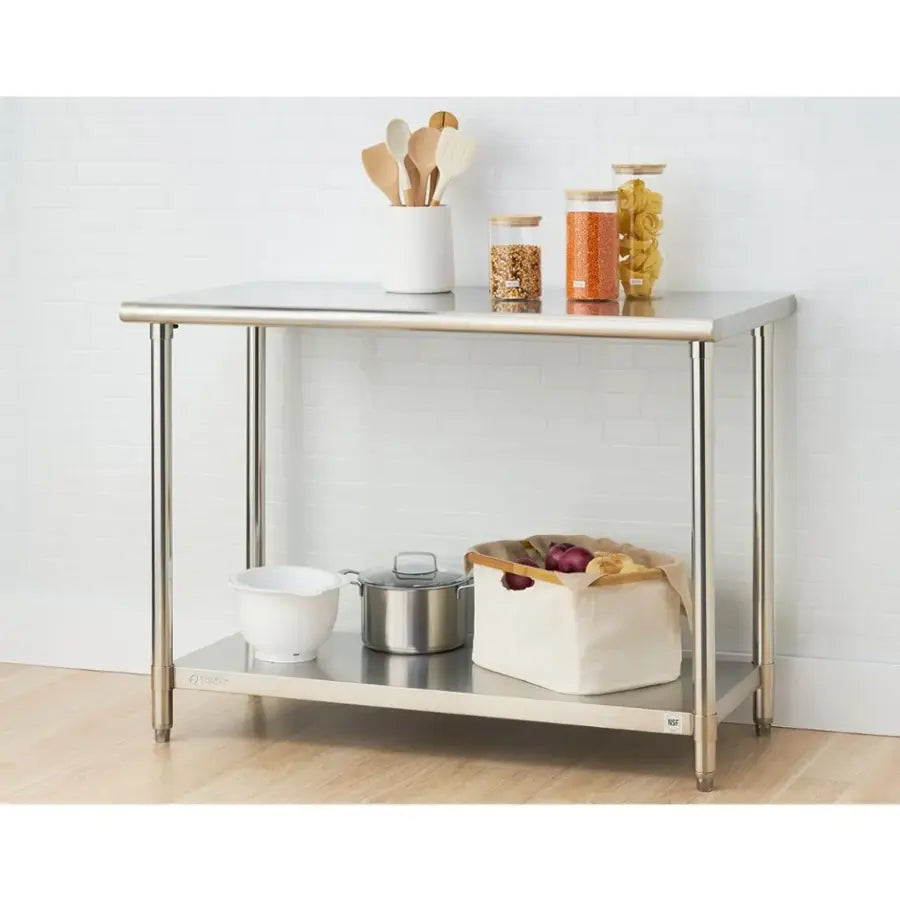 TRINITY NSF Prep/Work Table with Adjustable Shelf, 48"L x 24"W x 34-36"H, Stainless Steel