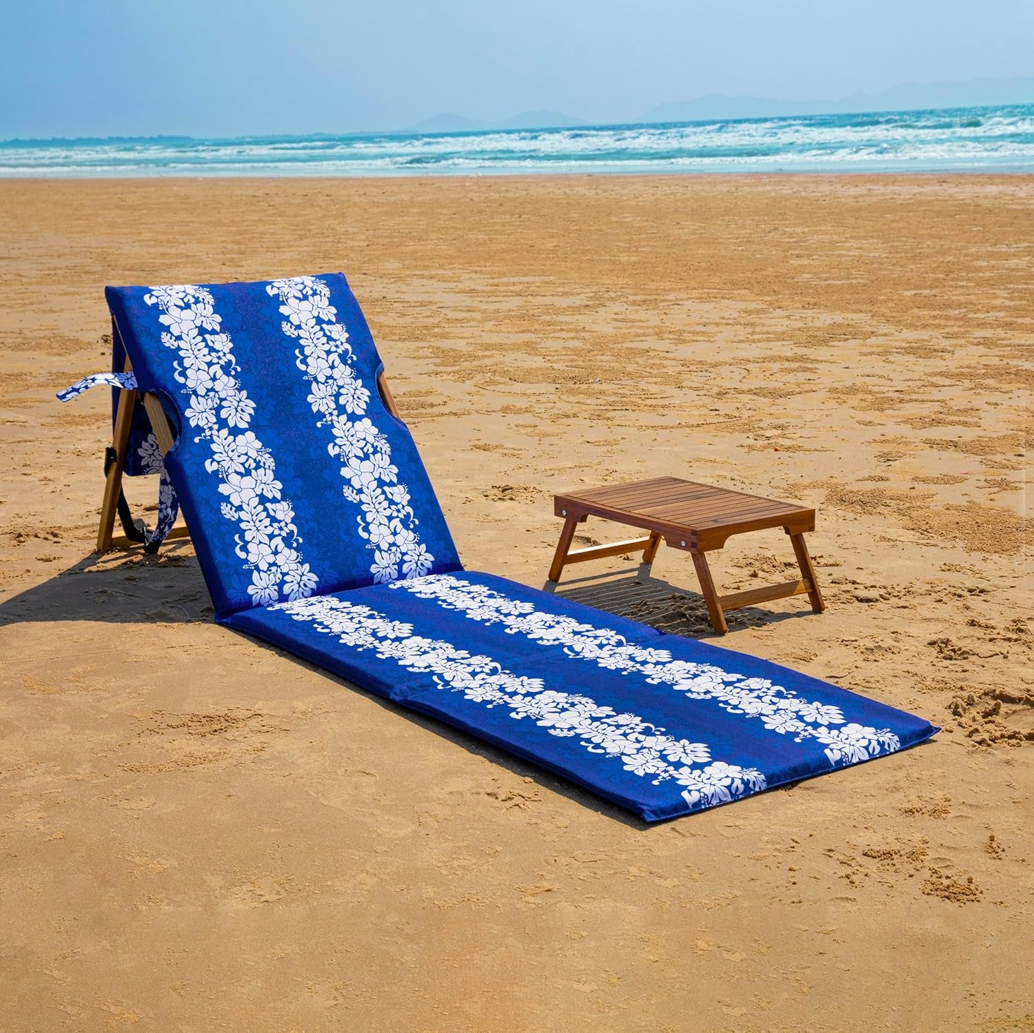 Portable Beach Mat Lounge Chair and Wooden Table – Heavy Duty Folding Lounger Backpack for Adults, Outdoor, Pool, Lawn, Patio, and Tanning, Floral Pattern