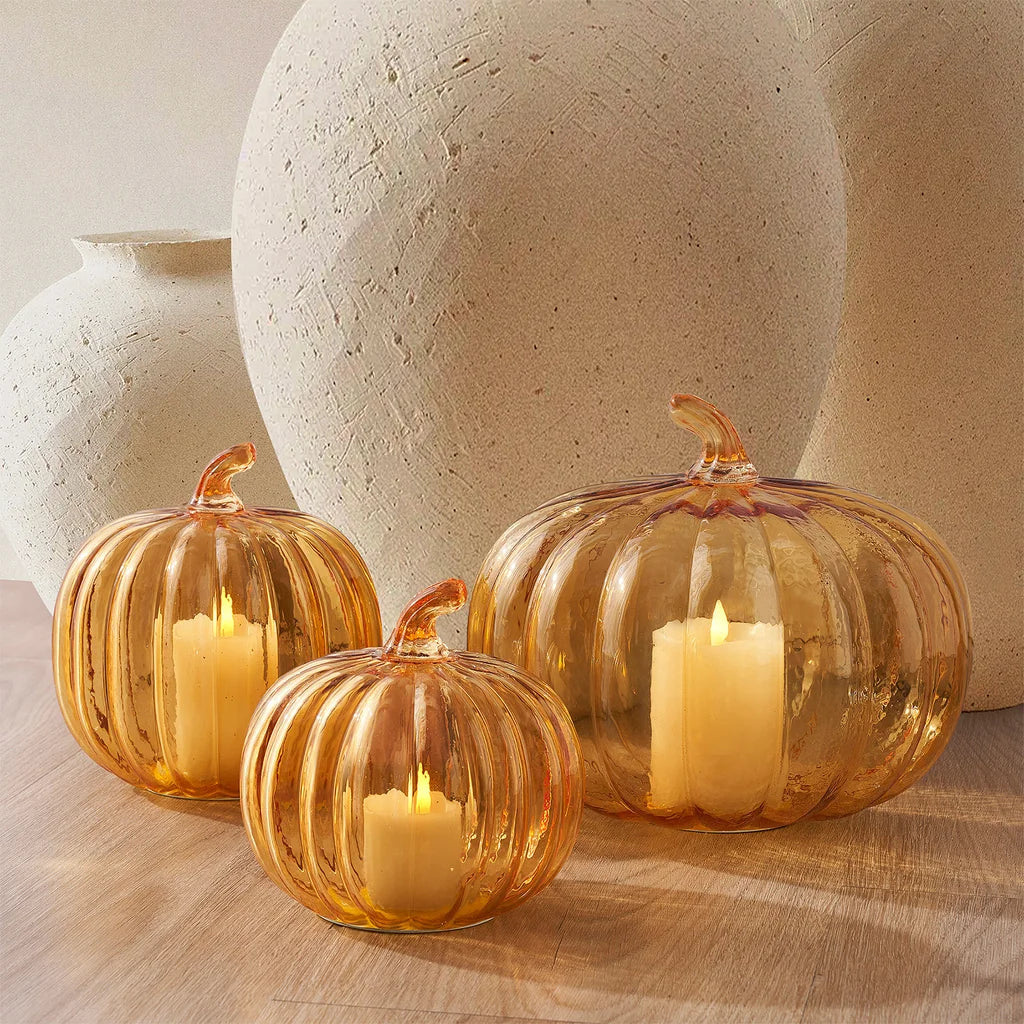 Glass Pumpkin LED Light Candles, Set of 3