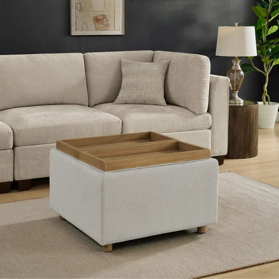 Henredon Sona Fabric Storage Ottoman with Reversible Wood Tray Tops