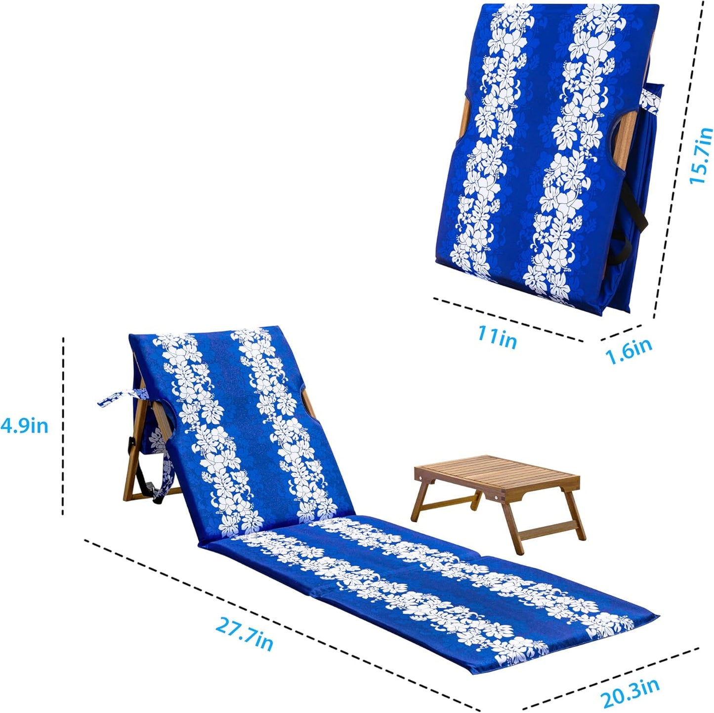 Portable Beach Mat Lounge Chair and Wooden Table – Heavy Duty Folding Lounger Backpack for Adults, Outdoor, Pool, Lawn, Patio, and Tanning, Floral Pattern