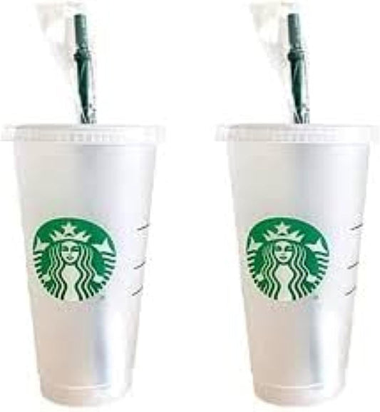 2 Pack Bundle - Reusable Frosted 24 Oz Cold Cups with Lid and Green Straw W/Stopper