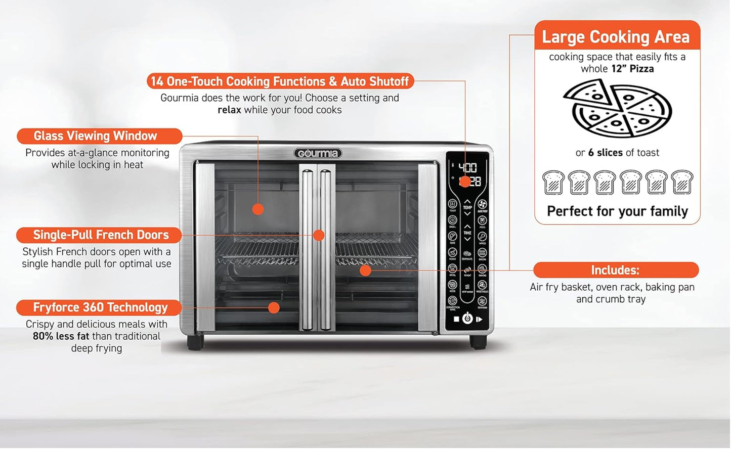 Toaster Oven Air Fryer Combo 17 Cooking Presets 1700W French Door Digital Air Fryer Oven 24L Capacity Accessories, Convection Rack, Baking Pan Tray Recipe Book Gtf7655,Large,Stainless Steel