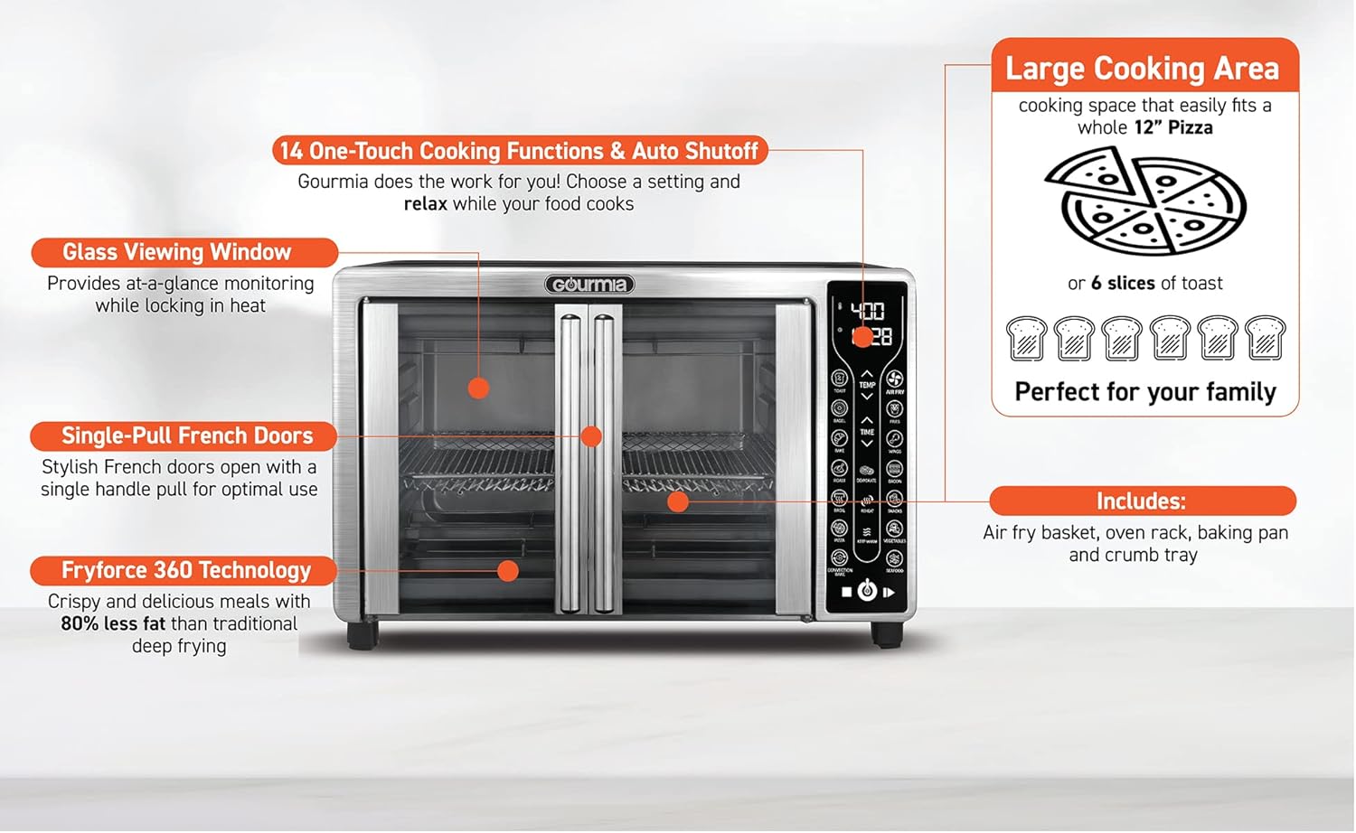 Toaster Oven Air Fryer Combo 17 Cooking Presets 1700W French Door Digital Air Fryer Oven 24L Capacity Accessories, Convection Rack, Baking Pan Tray Recipe Book Gtf7655,Large,Stainless Steel