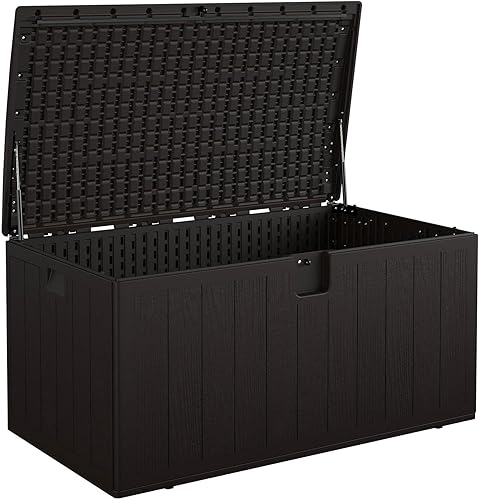 Cosco 130 Gallon Durable Resin Deck Box with Gas Shocks and Adjustable Divider