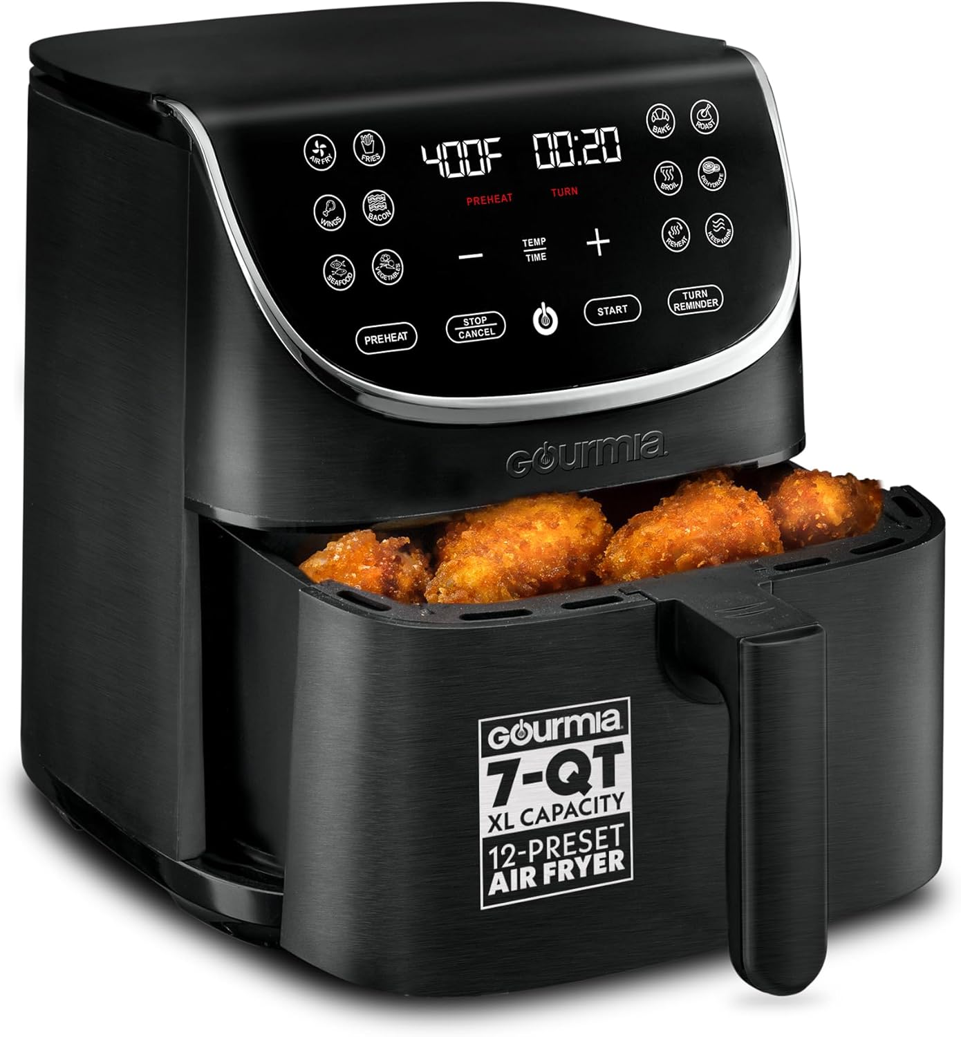 Air Fryer Oven Digital Display 7 Quart Large Airfryer Cooker 12 Touch Cooking Presets, XL Air Fryer Basket 1700W Power Multifunction GAF716 Black and Stainless Steel Accents FRY FORCE 360°