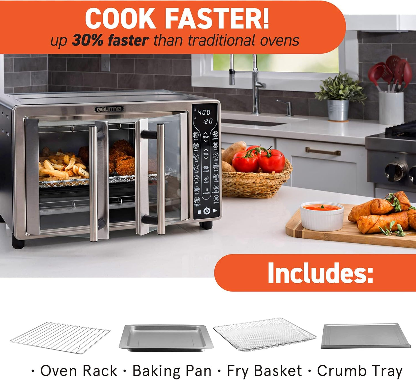 Toaster Oven Air Fryer Combo 17 Cooking Presets 1700W French Door Digital Air Fryer Oven 24L Capacity Accessories, Convection Rack, Baking Pan Tray Recipe Book Gtf7655,Large,Stainless Steel