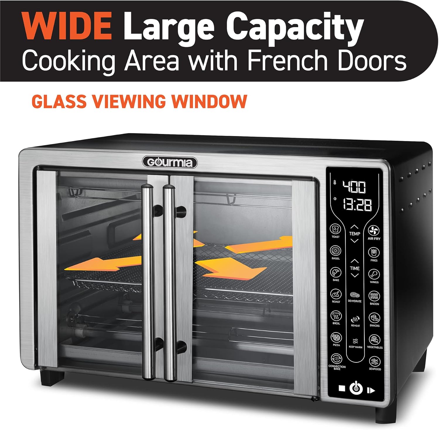 Toaster Oven Air Fryer Combo 17 Cooking Presets 1700W French Door Digital Air Fryer Oven 24L Capacity Accessories, Convection Rack, Baking Pan Tray Recipe Book Gtf7655,Large,Stainless Steel