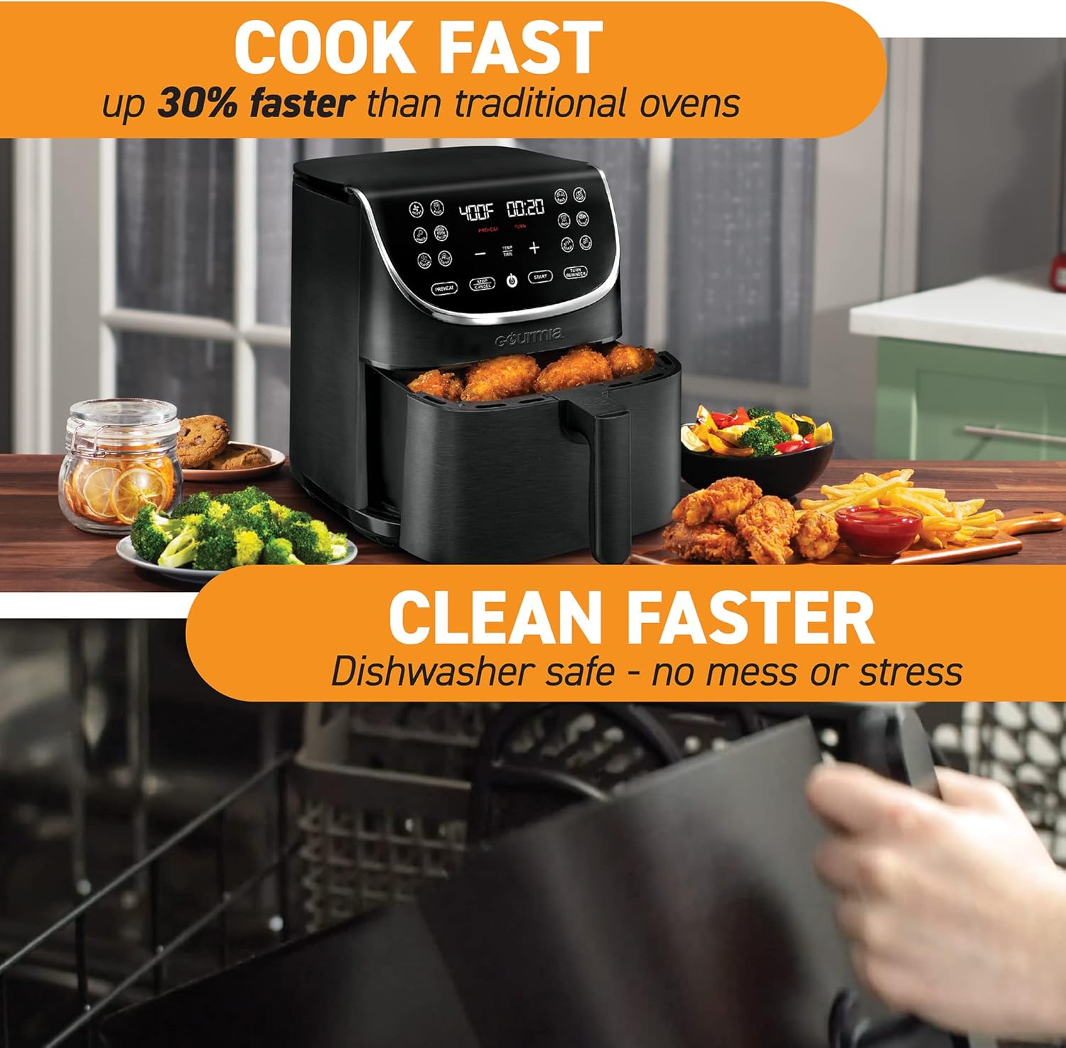 Air Fryer Oven Digital Display 7 Quart Large Airfryer Cooker 12 Touch Cooking Presets, XL Air Fryer Basket 1700W Power Multifunction GAF716 Black and Stainless Steel Accents FRY FORCE 360°