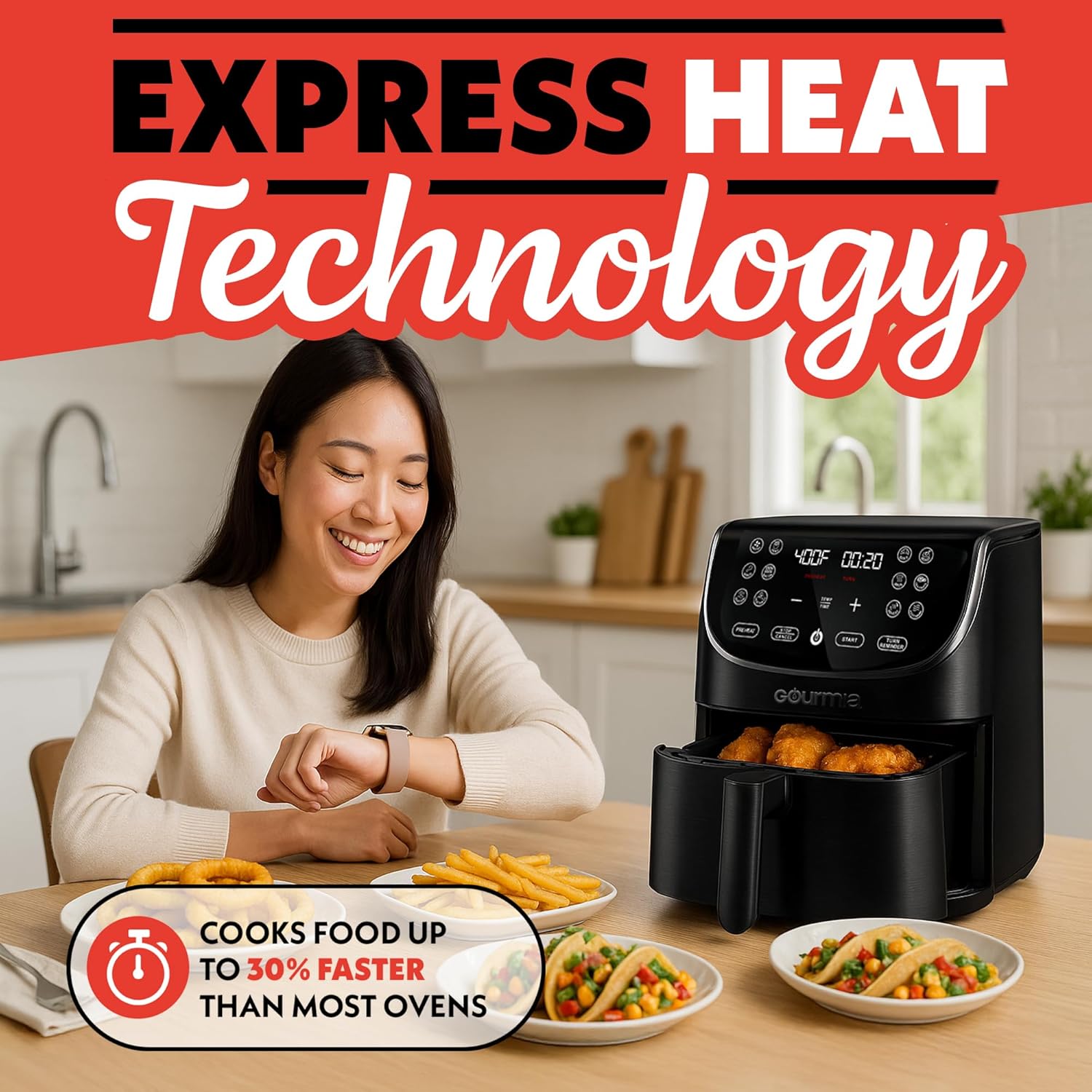 Air Fryer Oven Digital Display 7 Quart Large Airfryer Cooker 12 Touch Cooking Presets, XL Air Fryer Basket 1700W Power Multifunction GAF716 Black and Stainless Steel Accents FRY FORCE 360°