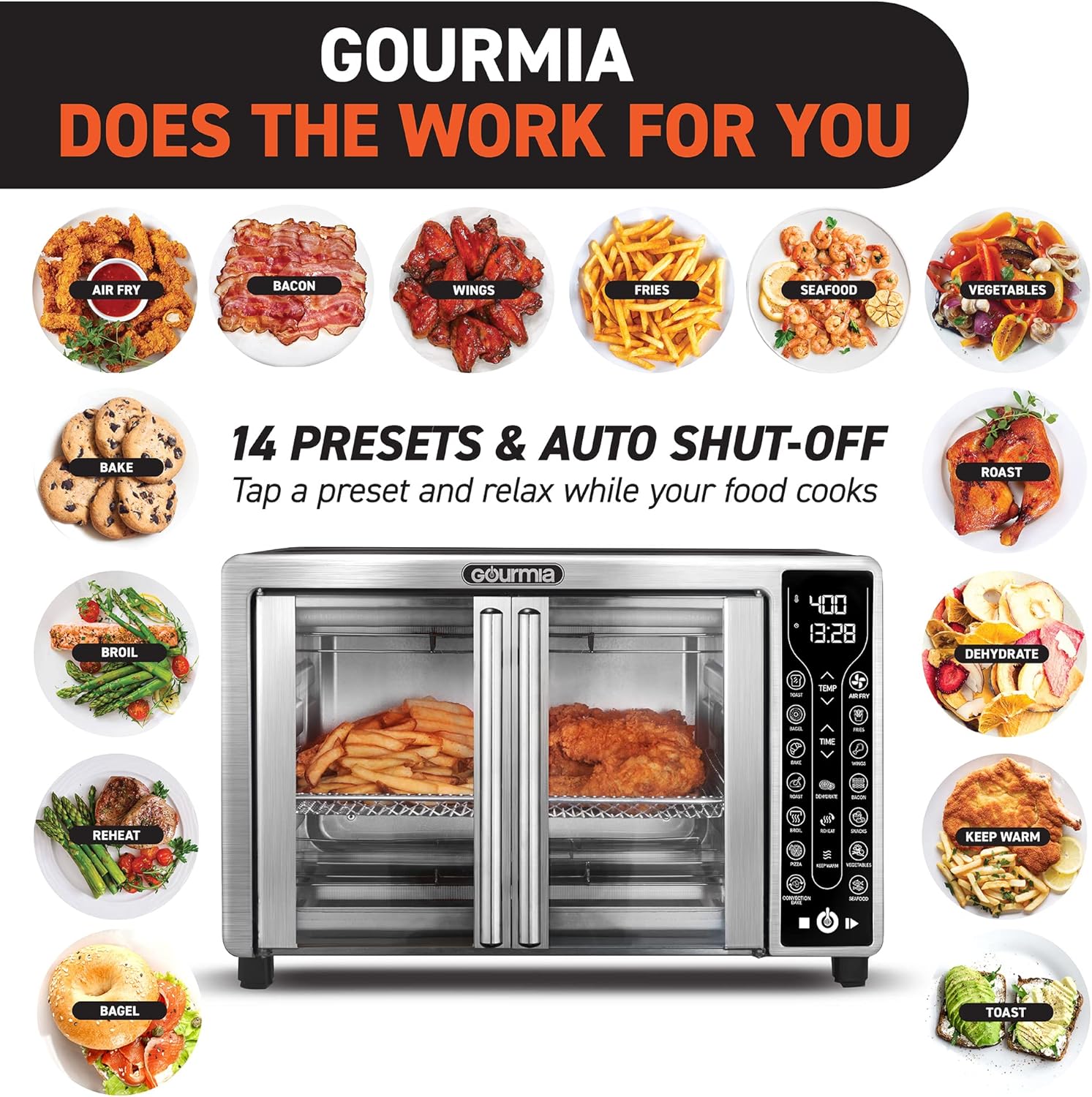 Toaster Oven Air Fryer Combo 17 Cooking Presets 1700W French Door Digital Air Fryer Oven 24L Capacity Accessories, Convection Rack, Baking Pan Tray Recipe Book Gtf7655,Large,Stainless Steel