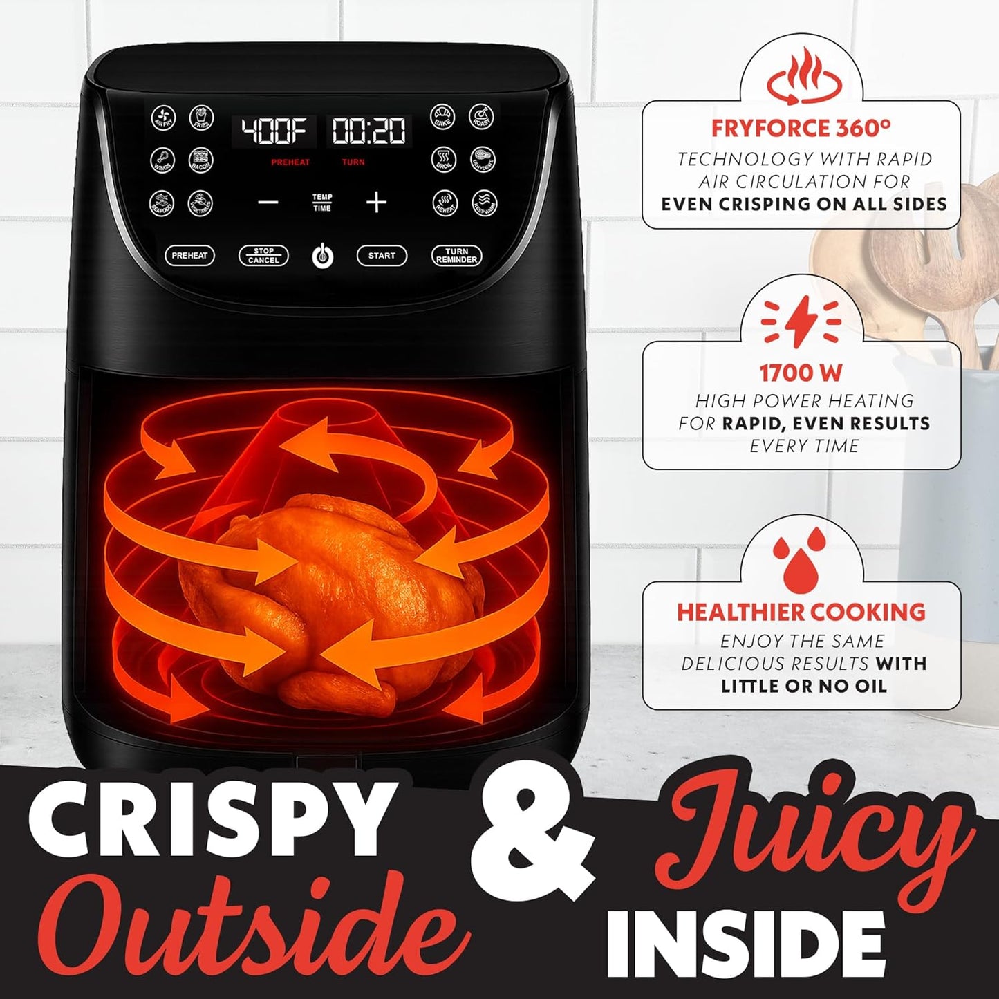 Air Fryer Oven Digital Display 7 Quart Large Airfryer Cooker 12 Touch Cooking Presets, XL Air Fryer Basket 1700W Power Multifunction GAF716 Black and Stainless Steel Accents FRY FORCE 360°
