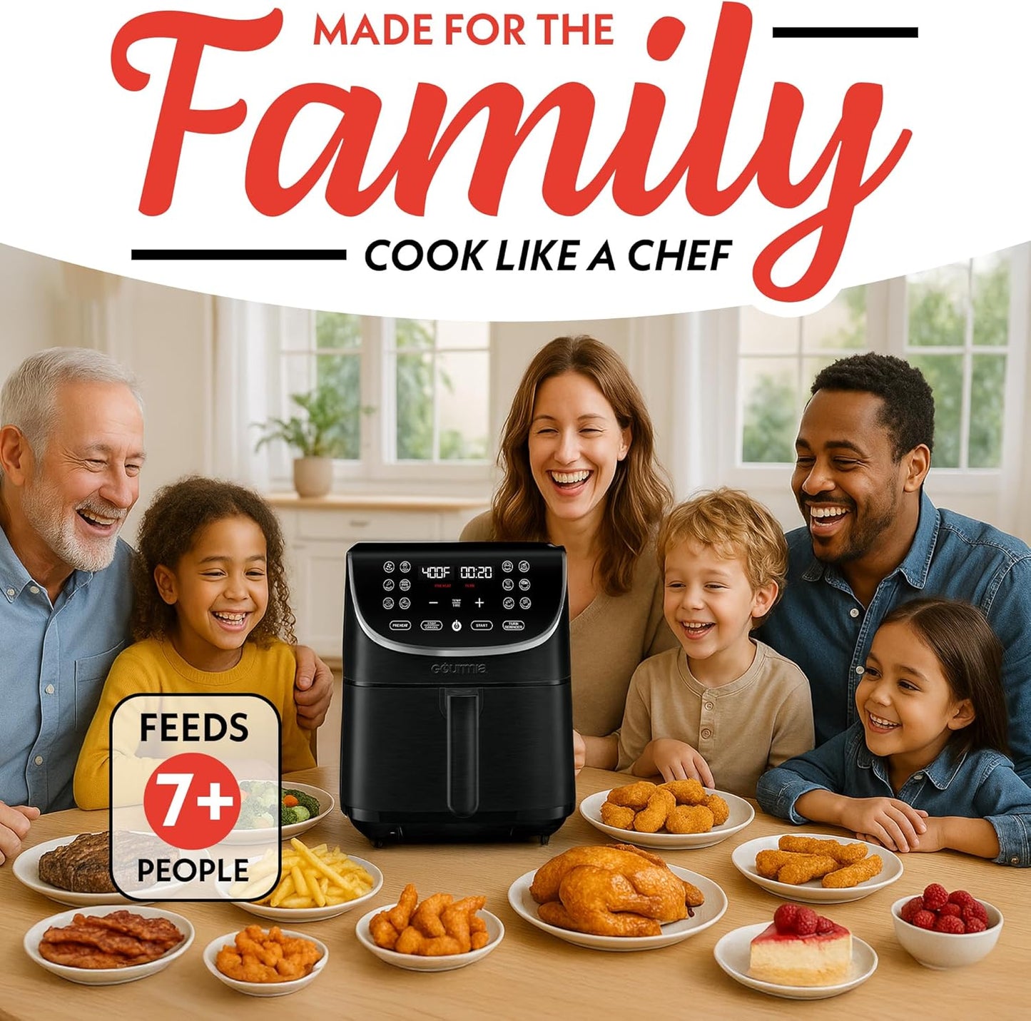 Air Fryer Oven Digital Display 7 Quart Large Airfryer Cooker 12 Touch Cooking Presets, XL Air Fryer Basket 1700W Power Multifunction GAF716 Black and Stainless Steel Accents FRY FORCE 360°