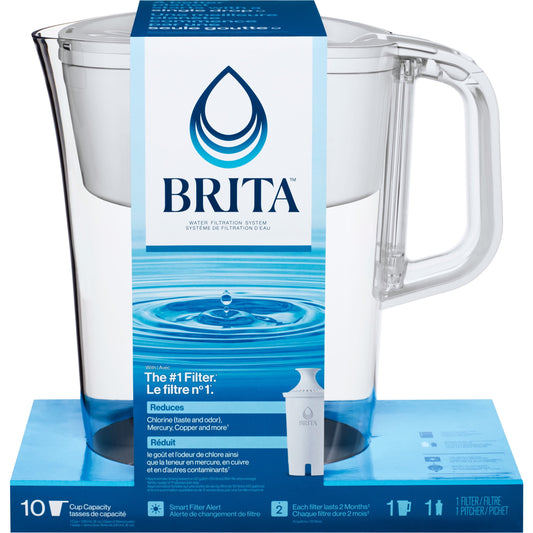 Large 10 Cup White Tahoe Water Filter Pitcher with 1 Standard Filter, Made without BPA