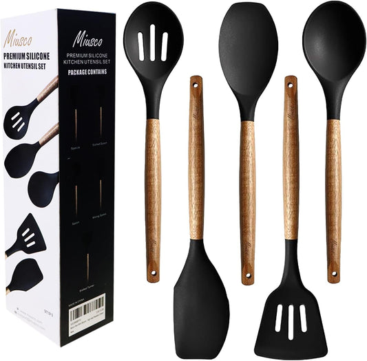 Kitchen Utensils Set, Silicone Cooking Utensils Set,Non-Stick Silicone Spatula Set with Natural Acacia Hard Wood Handle, 5 Piece, Upgraded Thickened Cookware