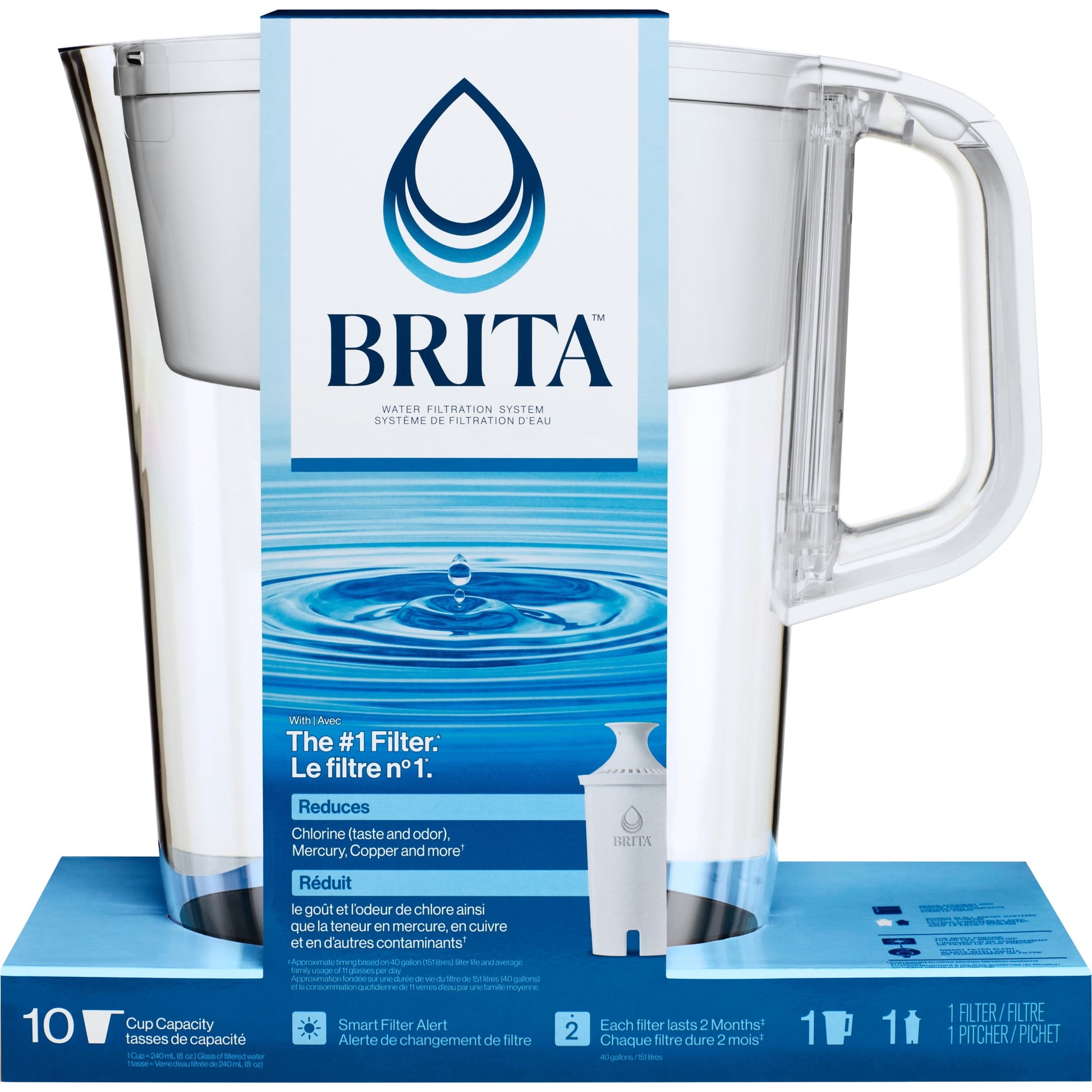 Large 10 Cup White Tahoe Water Filter Pitcher with 1 Standard Filter, Made without BPA