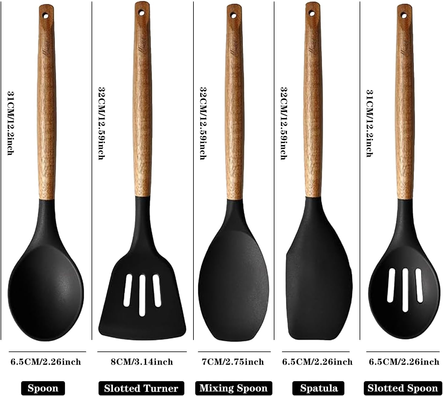 Kitchen Utensils Set, Silicone Cooking Utensils Set,Non-Stick Silicone Spatula Set with Natural Acacia Hard Wood Handle, 5 Piece, Upgraded Thickened Cookware