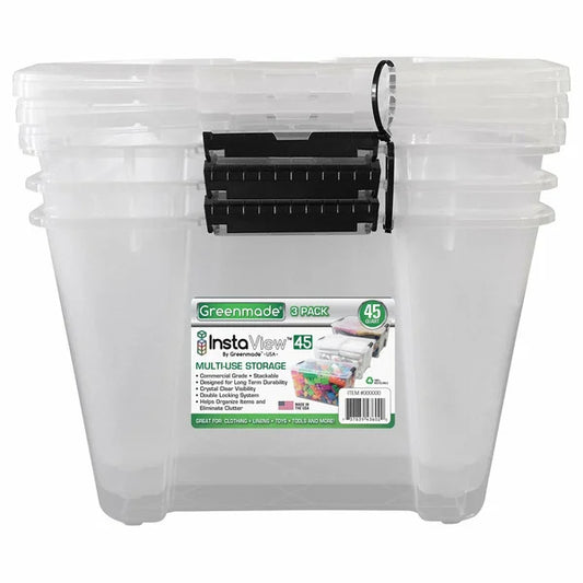 Greenmade InstaView 45 Multi-Use Storage Bin, 45 Quart, Clear, 3 ct