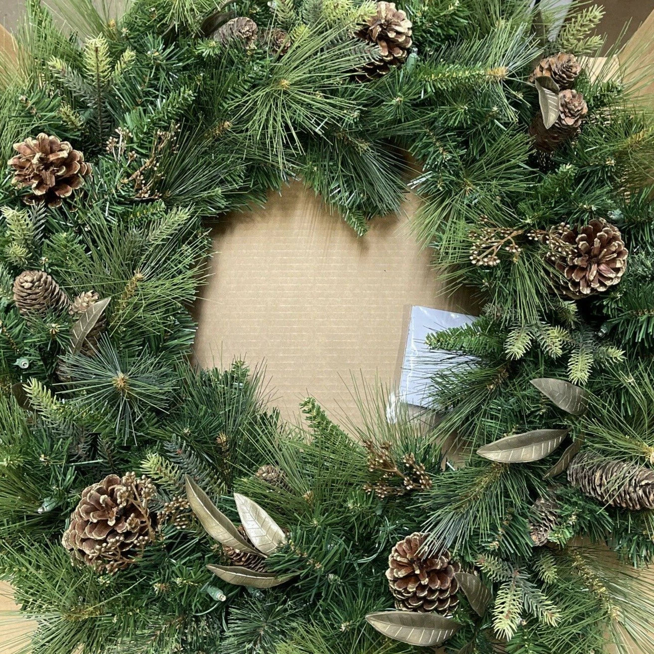 32" PRE-LIT MIXED GREENERY WREATH WITH GOLD LEAVES