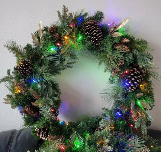 32" PRE-LIT MIXED GREENERY WREATH WITH GOLD LEAVES
